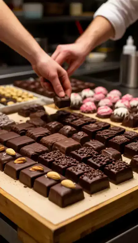 Six step chocolate production process at our MG Road workshop from bean sorting to final molding showing melanger and tempering equipment