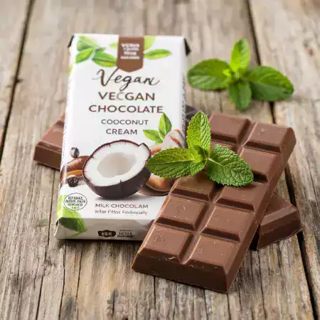 Vegan milk chocolate bars made with coconut cream instead of dairy at 42 percent cocoa content suitable for plant based diets